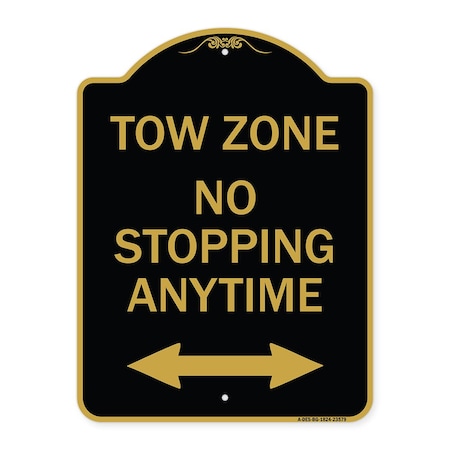 Signmission No Stopping Anytime W/ Bi-Directional Arrow, Black & Gold Aluminum Sign, 18" x 24", BG-1824-23579 A-DES-BG-1824-23579